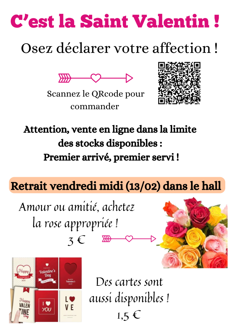 Saint Valentin BDE Bureau des étudiants vente fleurs cartes